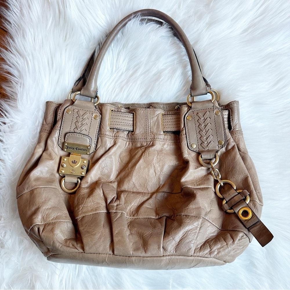Vintage Y2K Juicy Couture Tan Leather Shoulder Handbag Logo Lock